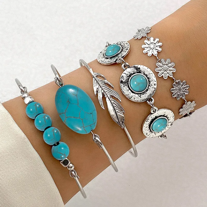 Resin Bangle Bracelet - Kmvxo 5 pçs/set vintage boêmio turquesa
